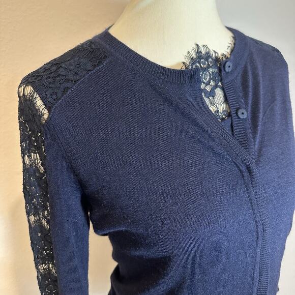 Les Copains Navy Blue Wool Cashmere Knit Cardigan Set Lace Sweater Old Money Top - Picture 8 of 11